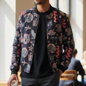 Men's Black Patterned Bomber Jacket with Multicolor Motifs